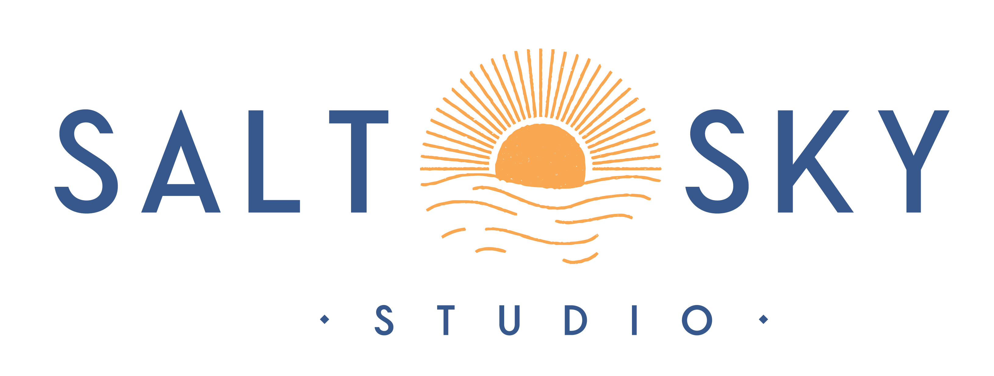 A logo with Salt Sky Studio written in navy blue with a yellow sun and rays of light.